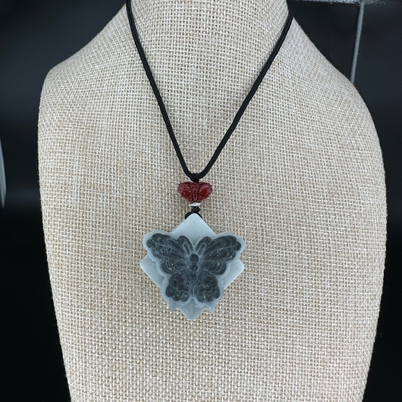 Tai Chi Stone Butterfly Pendant Necklace with Silver and Cinnabar on Rope - Picture 6 of 12